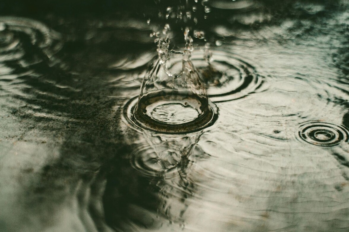 A close-up of a single water droplet striking a still surface, creating expanding circular ripples in muted green tones.